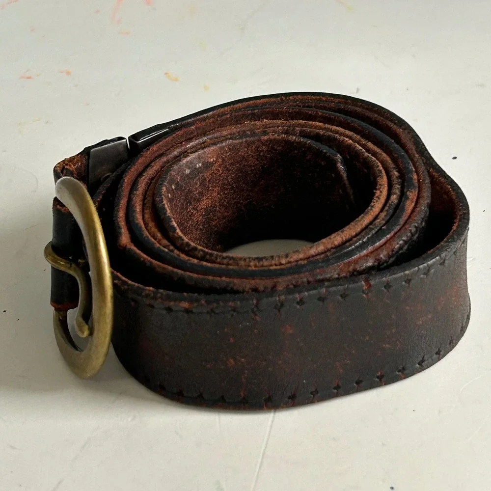 Vtg Belt Brass Buckle Mens XL XXL Distressed Brown Leather Workwear Reversible